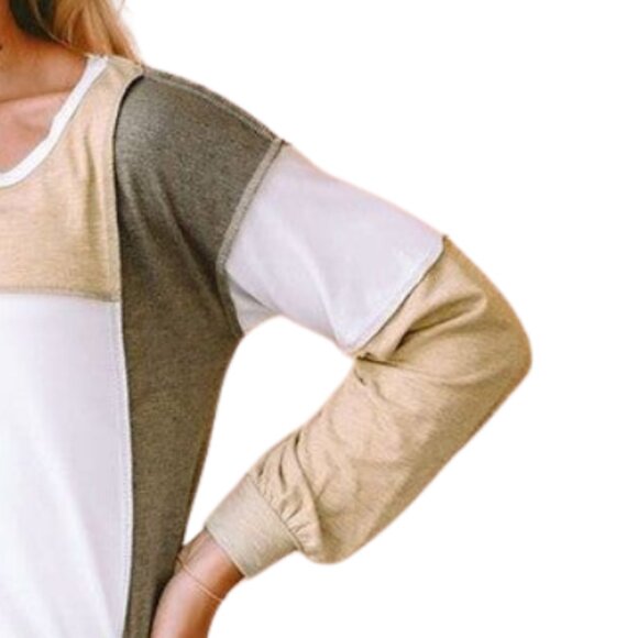 Military Green/Nude Exposed Seam Color Block Patchwork Top - Picture 4 of 5